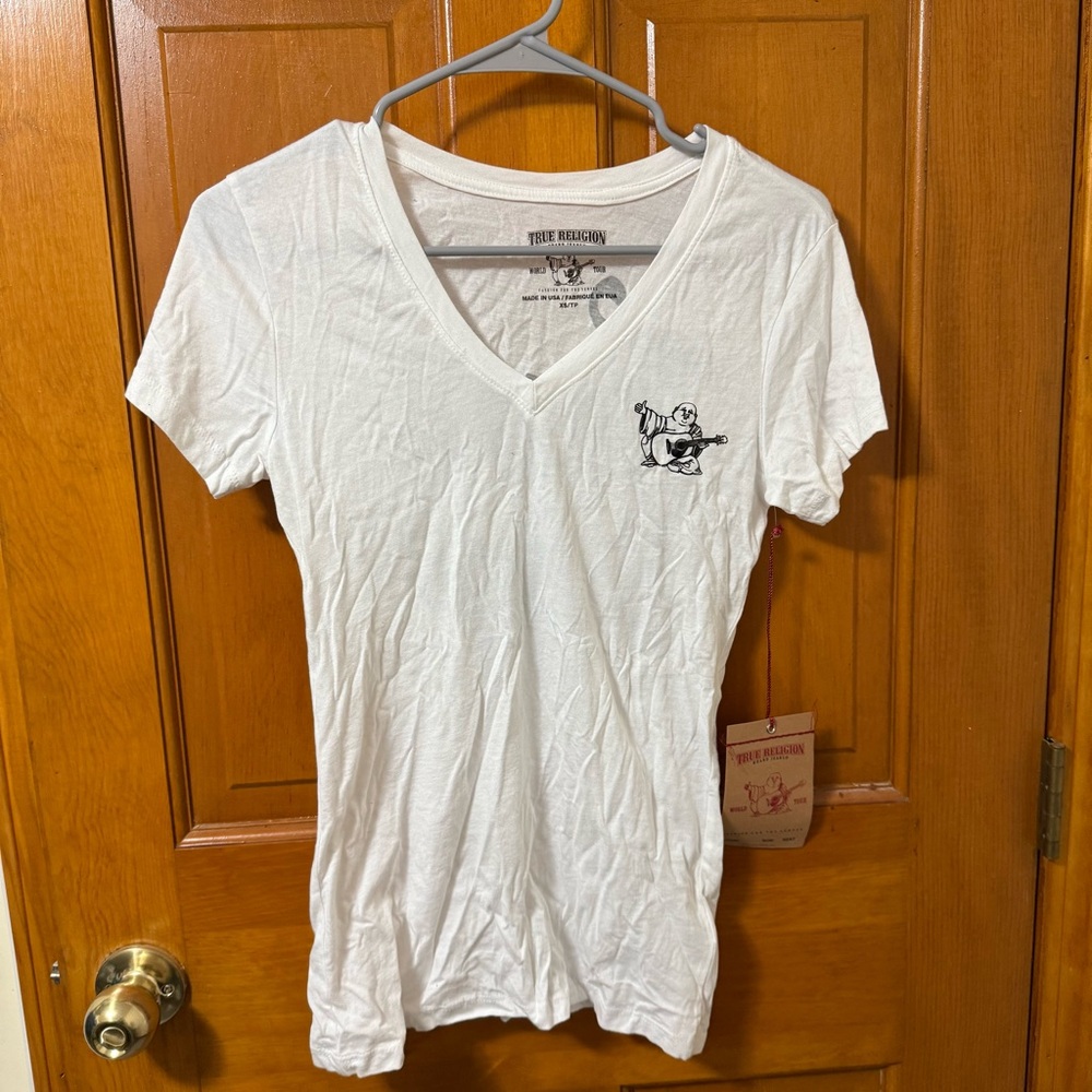 NEW NWT True Religion Vneck White Tee Buddha Graphic Tee XS